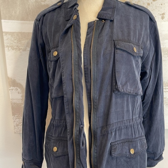 Navy Blue Moto Drawstring Waist button sleeve jacket - Picture 8 of 11